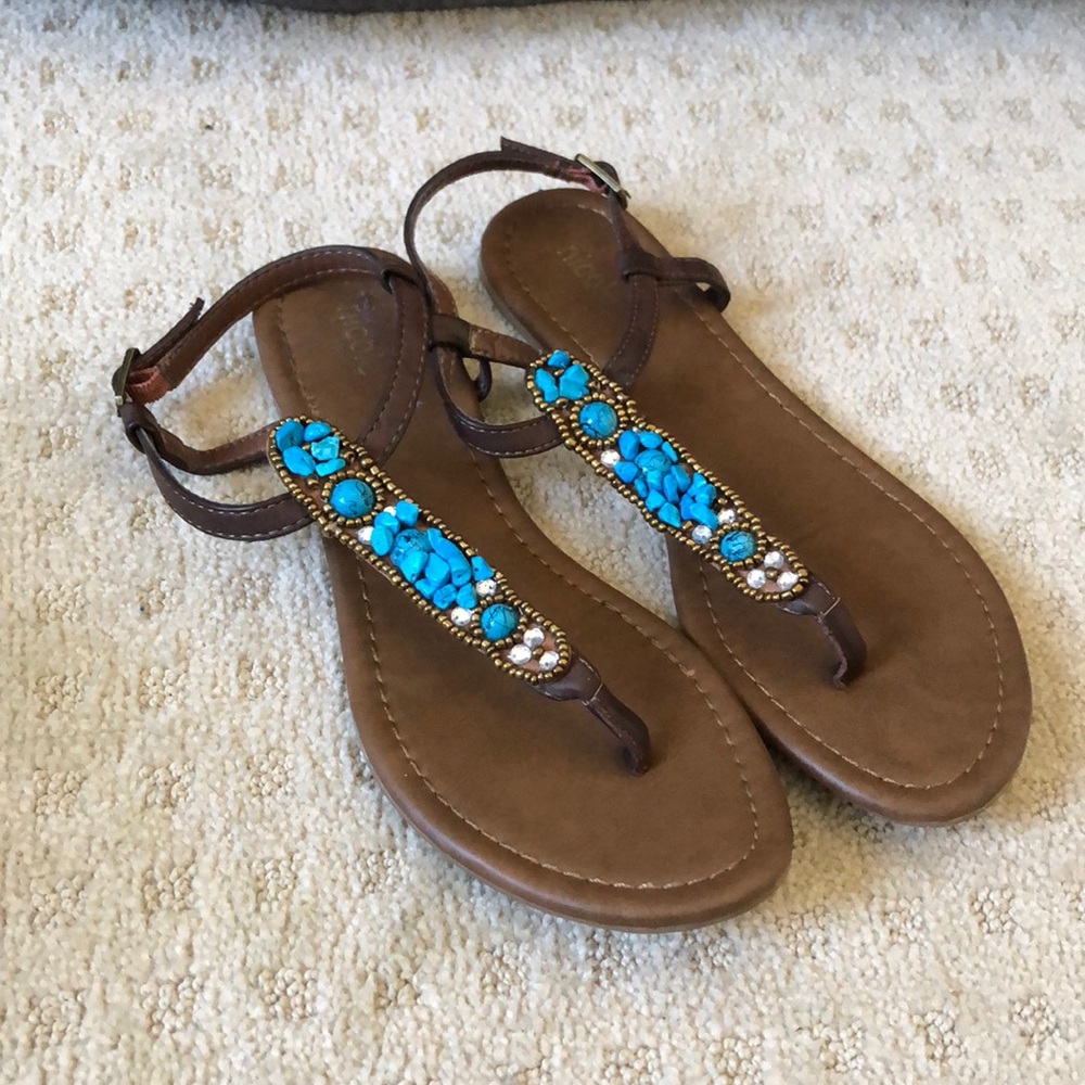 Tan and blue sandals by Nicole